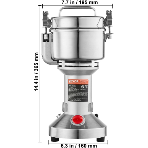 VEVOR 550g Electric Grain Mill Grinder, High Speed 2000W Commercial Spice Grinders, Stainless Steel Pulverizer Powder Machine, for Dry Grains Spices