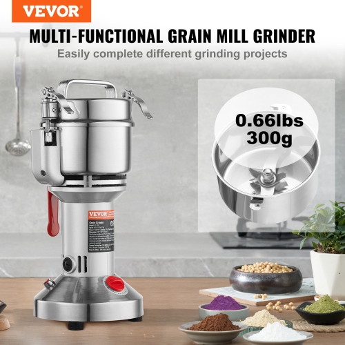 VEVOR 300g Electric Grain Mill Grinder, High Speed 1500W Commercial Spice Grinders, Stainless Steel Pulverizer Powder Machine, for Dry Grains Spices