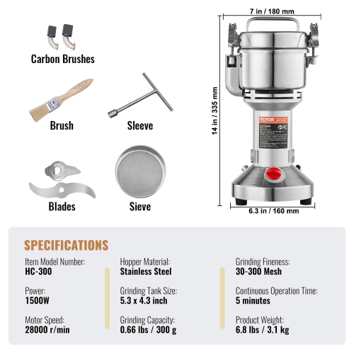 VEVOR 300g Electric Grain Mill Grinder, High Speed 1500W Commercial Spice Grinders, Stainless Steel Pulverizer Powder Machine, for Dry Grains Spices