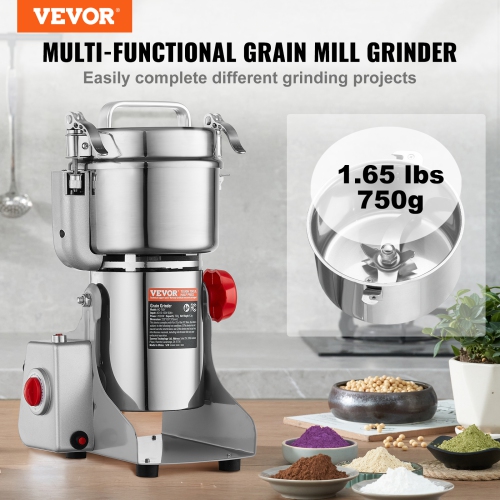 VEVOR 750g Electric Grain Mill Grinder, High Speed 2000W Commercial Spice Grinders, Stainless Steel Pulverizer Powder Machine, for Dry Grains Spices