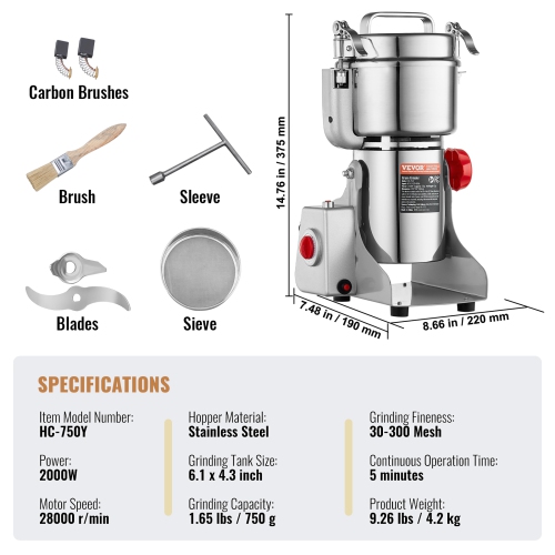 VEVOR 750g Electric Grain Mill Grinder, High Speed 2000W Commercial Spice Grinders, Stainless Steel Pulverizer Powder Machine, for Dry Grains Spices