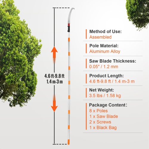 VEVOR Manual Pole Saw,4.6-9.8 ft Extendable Tree Pruner, Sharp Steel Blade for High Branches Trimming, Manual Branch Trimmer withAluminum Alloy Handle