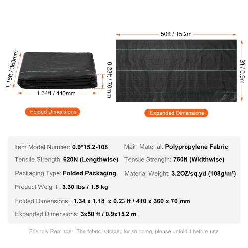 VEVOR 3FTx50FT Premium Heavy Duty Weed Barrier Landscape Fabric, 3.2OZ Woven Geotextile Fabric Under Gravel, High Permeability for Weed Blocker Weed