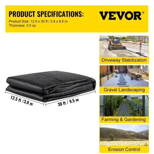 VEVOR Geotextile Fabric, 12.5 x 30 ft 3.5oz Woven PP Driveway Drain Cloth with 600lbs Tensile Strength, Heavy Duty Underlayment for Landscaping, Weed