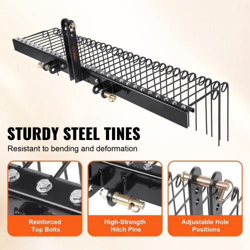 Râteau de remorquage VEVOR, déchaumeuse de remorquage de 72&nbsp;po avec 32 tiges en acier, râteau de déchaumeuse de pelouse se fixe à l'attelage à 3