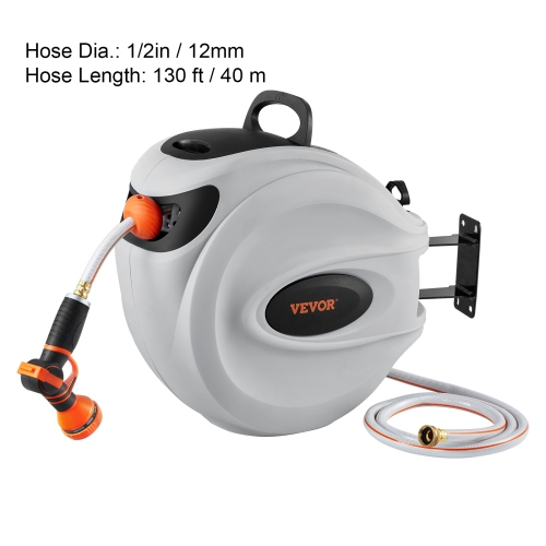VEVOR Retractable Hose Reel, 130 ft x 1/2 inch, 180° Swivel Bracket Wall-Mounted, Garden Water Hose Reel with 9-Pattern Nozzle