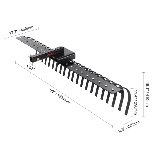 VEVOR Tow Behind Landscape Rake, 60" Tow Dethatcher with 21 Steel Coil Tines, Lawn Dethatcher Rake Attaches to 48" or 60" Toolbars and 3-point