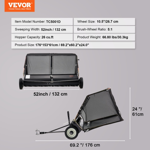 VEVOR 52-inch Lawn Sweeper Tow Behind, 26 cu.ft. Large Pull Behind Grass Sweeper, Heavy Duty Leaf & Grass Collector with Dumping Rope Design