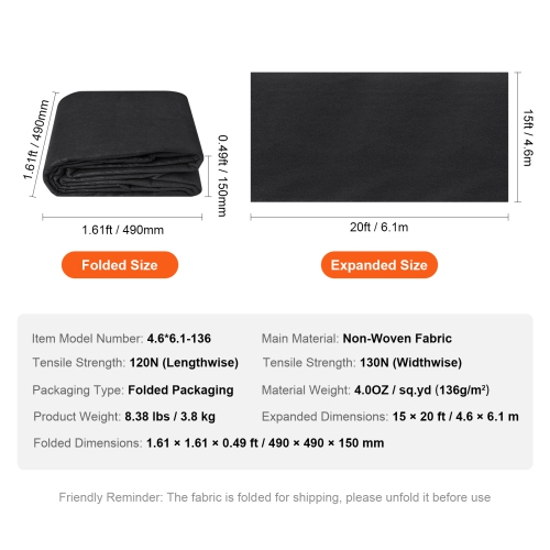 VEVOR Driveway Fabric, 15x20FT Non Woven Geotextile Fabric for Landscaping, Heavy Duty Garden Weed Barrier Fabric, 4OZ Landscape Fabric