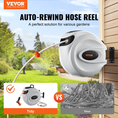 VEVOR Retractable Hose Reel, 115 ft x 1/2 inch, 180° Swivel Bracket Wall-Mounted, Garden Water Hose Reel with 9-Pattern Nozzle