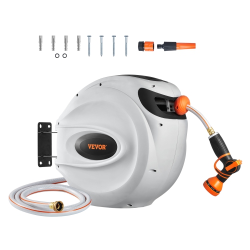 VEVOR Retractable Hose Reel, 115 ft x 1/2 inch, 180° Swivel Bracket Wall-Mounted, Garden Water Hose Reel with 9-Pattern Nozzle
