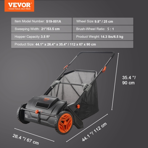 VEVOR Push Lawn Sweeper, 21inch Leaf & Grass Collector, Strong Plastic Wheels & Heavy Duty Thickened Steel Durable to Use with Large Capacity 3.5 cu.