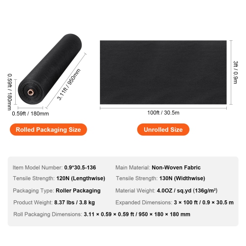 VEVOR Driveway Fabric, 3x100FT Non Woven Geotextile Fabric for Landscaping, Heavy Duty Garden Weed Barrier Fabric, 4OZ Landscape Fabric, French