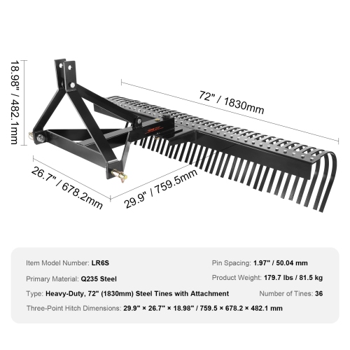 VEVOR Tow Behind Dethatcher, 72-inch Tow Dethatcher with 36 Steel Tines, 3-Point Lawn Dethatcher Rake with Attachments for Tractor, Landscape Rake