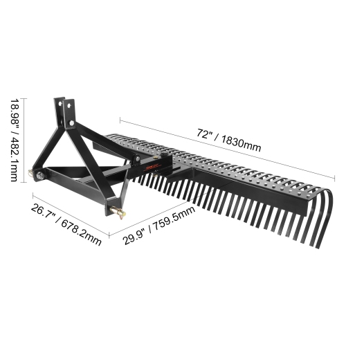 VEVOR Tow Behind Dethatcher, 72-inch Tow Dethatcher with 36 Steel Tines, 3-Point Lawn Dethatcher Rake with Attachments for Tractor, Landscape Rake
