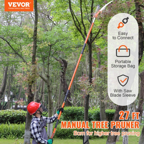 VEVOR Manual Pole Saw, 7.3-27 ft Extendable Tree Pruner, Sharp Steel Blade and Scissors High Branches Trimming, Branch Trimmer with 8 Fiberglass