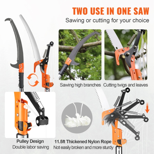 VEVOR Manual Pole Saw, 7.3-27 ft Extendable Tree Pruner, Sharp Steel Blade and Scissors High Branches Trimming, Branch Trimmer with 8 Fiberglass