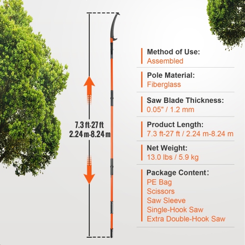 VEVOR Manual Pole Saw, 7.3-27 ft Extendable Tree Pruner, Sharp Steel Blade and Scissors High Branches Trimming, Branch Trimmer with 8 Fiberglass