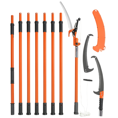 VEVOR Manual Pole Saw, 7.3-27 ft Extendable Tree Pruner, Sharp Steel Blade and Scissors High Branches Trimming, Branch Trimmer with 8 Fiberglass