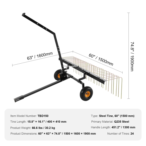 VEVOR Tow Behind Dethatcher, 60-inch Tow Dethatcher with 24 Steel Tines, Lawn Dethatcher Rake for ATV or Mower, Tow Behind Lawn Rake with Lift Handle