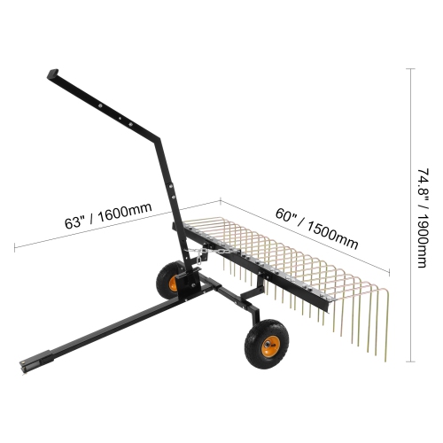 VEVOR Tow Behind Dethatcher, 60-inch Tow Dethatcher with 24 Steel Tines, Lawn Dethatcher Rake for ATV or Mower, Tow Behind Lawn Rake with Lift Handle