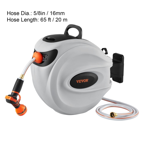 VEVOR Retractable Hose Reel, 65 ft x 5/8 inch, 180° Swivel Bracket Wall-Mounted, Garden Water Hose Reel with 9-Pattern Nozzle