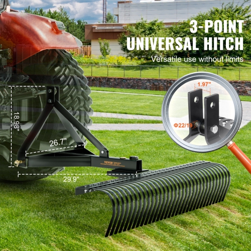 VEVOR Pull-Behind Thatch Remover, 60" Width, Equipped with 32 Durable Steel Prongs, Tractor-Compatible 3-Point Hitch Garden Rake, Ideal for Soil