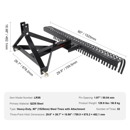 VEVOR Pull-Behind Thatch Remover, 60" Width, Equipped with 32 Durable Steel Prongs, Tractor-Compatible 3-Point Hitch Garden Rake, Ideal for Soil