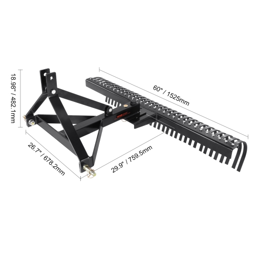 VEVOR Pull-Behind Thatch Remover, 60" Width, Equipped with 32 Durable Steel Prongs, Tractor-Compatible 3-Point Hitch Garden Rake, Ideal for Soil