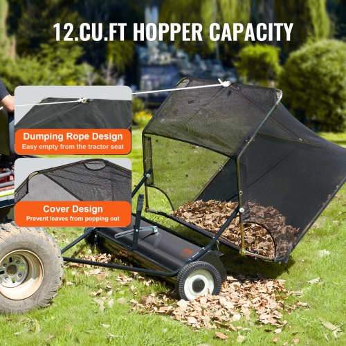 VEVOR 42-inch Lawn Sweeper Tow Behind, 12 cu.ft. Large Pull Behind Grass Sweeper, Heavy Duty Leaf & Grass Collector with Dumping Rope Design