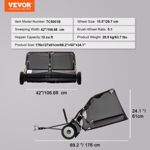 VEVOR 42-inch Lawn Sweeper Tow Behind, 12 cu.ft. Large Pull Behind Grass Sweeper, Heavy Duty Leaf & Grass Collector with Dumping Rope Design