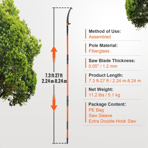 VEVOR Manual Pole Saw, 7.3-27 ft Extendable Tree Pruner, Sharp Steel Blade High Branches Trimming, Manual Branch Trimmer with 8 Fiberglass Handles