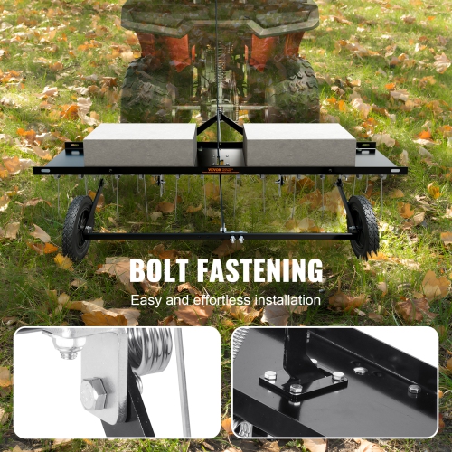 VEVOR Tow Behind Dethatcher, 48-inch Tow Dethatcher with 24 Spring Steel Tines, Lawn Dethatcher Rake for ATV or Mower, Tow Behind Lawn Rake with Lift