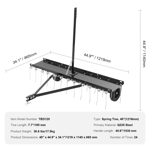 VEVOR Tow Behind Dethatcher, 48-inch Tow Dethatcher with 24 Spring Steel Tines, Lawn Dethatcher Rake for ATV or Mower, Tow Behind Lawn Rake with Lift