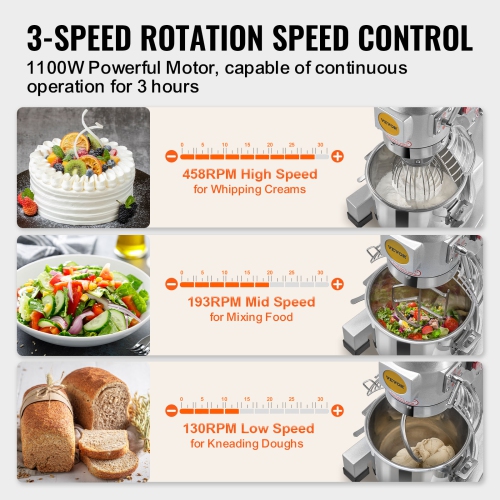 VEVOR Commercial Food Mixer, 28.5L Commercial Stand Mixer with 3 Adjustable Speeds, 1100W Dough Mixer with Stainless Steel Bowl and 3 Mixing