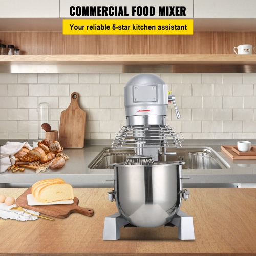 VEVOR Commercial Food Mixer 20Qt 750W 3 Speeds Adjustable 105 180 and 408 RPM Food Processor Heavy Duty with Stainless Steel Bowl Dough Hooks Whisk