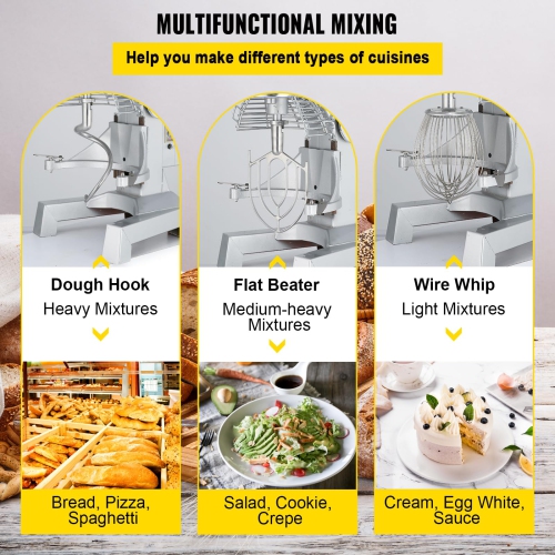 VEVOR Commercial Food Mixer 15Qt 600W 3 Speeds Adjustable 110/178/390 RPM Heavy Duty 110V with Stainless Steel Bowl Dough Hooks Whisk Beater Premium