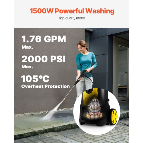 VEVOR 2000 PSI Electric Pressure Washer, Max. 1.76 GPM Power Washer with 30 ft Hose, 5 Quick Connect Nozzles, ETL Listed