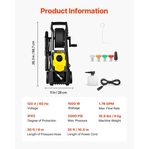 VEVOR 2000 PSI Electric Pressure Washer, Max. 1.76 GPM Power Washer with 30 ft Hose, 5 Quick Connect Nozzles, ETL Listed