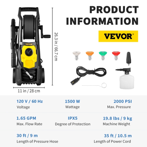 VEVOR 2000 PSI Electric Pressure Washer, Max 1.65 GPM Power Washer with 30 ft Hose & Reel, 5 Quick Connect Nozzles, ETL Listed
