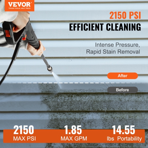 VEVOR 2150 PSI 1.85 GPM Electric Pressure Washer, Foam Cannon High-Pressure with 5 Different Nozzle, 20ft Hose/35ft Cord Lightweight Washer
