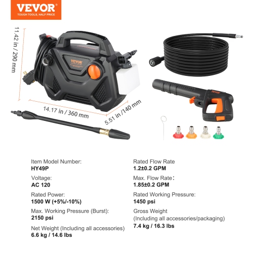 VEVOR 2150 PSI 1.85 GPM Electric Pressure Washer, Foam Cannon High-Pressure with 5 Different Nozzle, 20ft Hose/35ft Cord Lightweight Washer