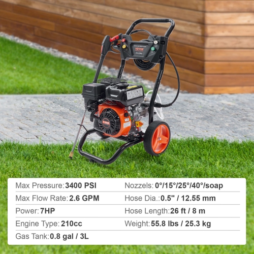 VEVOR 3400 PSI 2.6 GPM Gas Pressure Washer, Gas Powered Pressure Washer with Aluminum Pump, Spray Gun and Extension Wand, 5 Quick Connect Nozzles