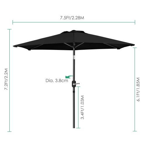 7.5FT Patio Umbrella with Tilt and Crank, 6 Ribs Market Parasol Sun Shelter Table Umbrellas for Garden and Terrace