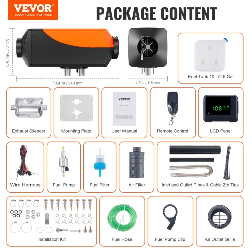 VEVOR Diesel Air Heater, 12V 2KW Diesel Heater with Remote Control and LCD Display, 10L Fuel Tank Diesel Parking Heater, Rapid Heating for RV Trailer