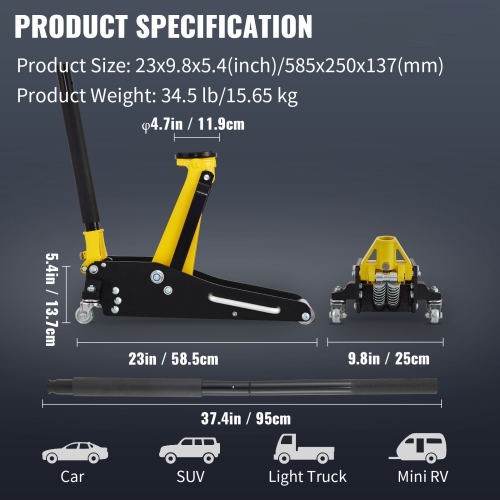 VEVOR Low Profile Floor Jack 1.5 ton, Dual Piston Quick Lift Pump, 3-3/20" - 14-10/27" Height Lifting Range, Yellow+Black, Aluminum and Steel