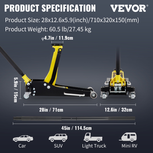 VEVOR Low Profile Floor Jack, 2.5 Ton Slim Profile Jack, Hybrid Aluminum & Steel Racing Jack with Efficient Dual Pistons Pump, Lifting Range