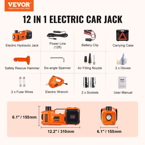 VEVOR Electric Car Jack, 5 Ton 12V Electric Hydraulic Car Jack with Impact Wrench Inflator Pump for SUV Sedans