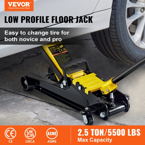 VEVOR Low Profile Floor Jack, 2.5 Ton Slim Profile, Durable Steel Racing Lift with Single Piston Pump, Range 3.35"-14.96"