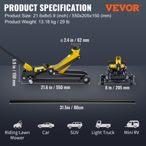 VEVOR Low Profile Floor Jack, 2.5 Ton Slim Profile, Durable Steel Racing Lift with Single Piston Pump, Range 3.35"-14.96"